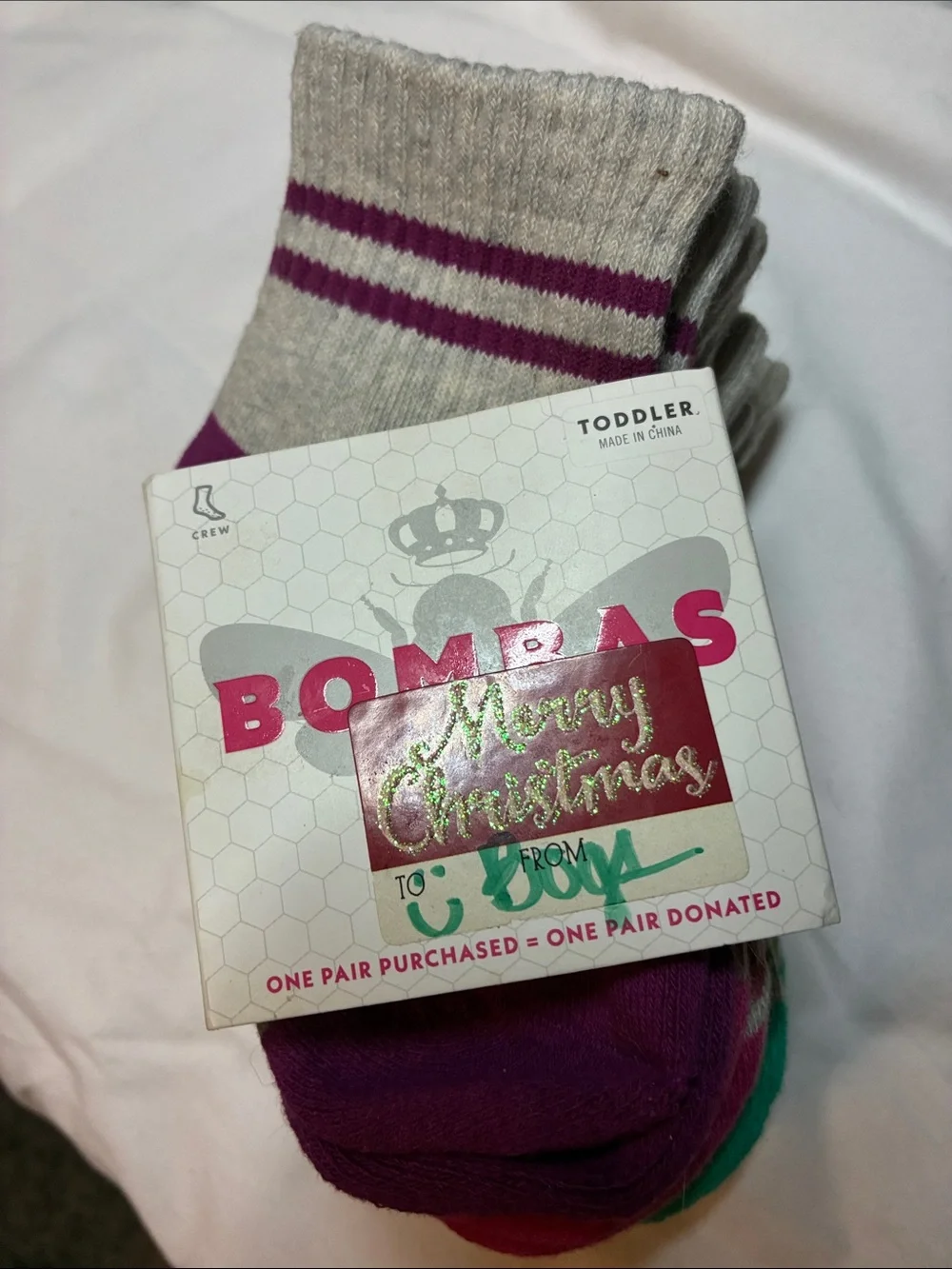 Bombas Gray Crew Socks with Purple Accents